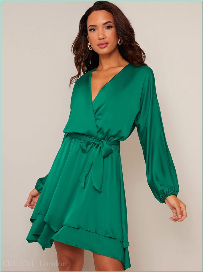  Long Sleeve Satin Wrap Dress in Green CT1063GN