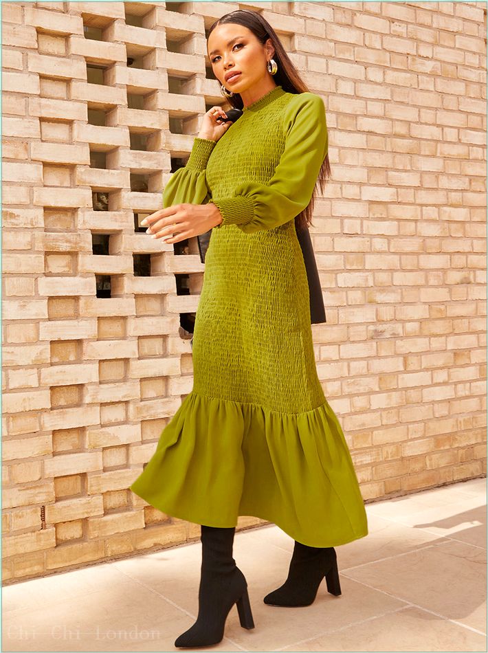  Long Sleeve Shirred Maxi Dress in Green CT1039GN