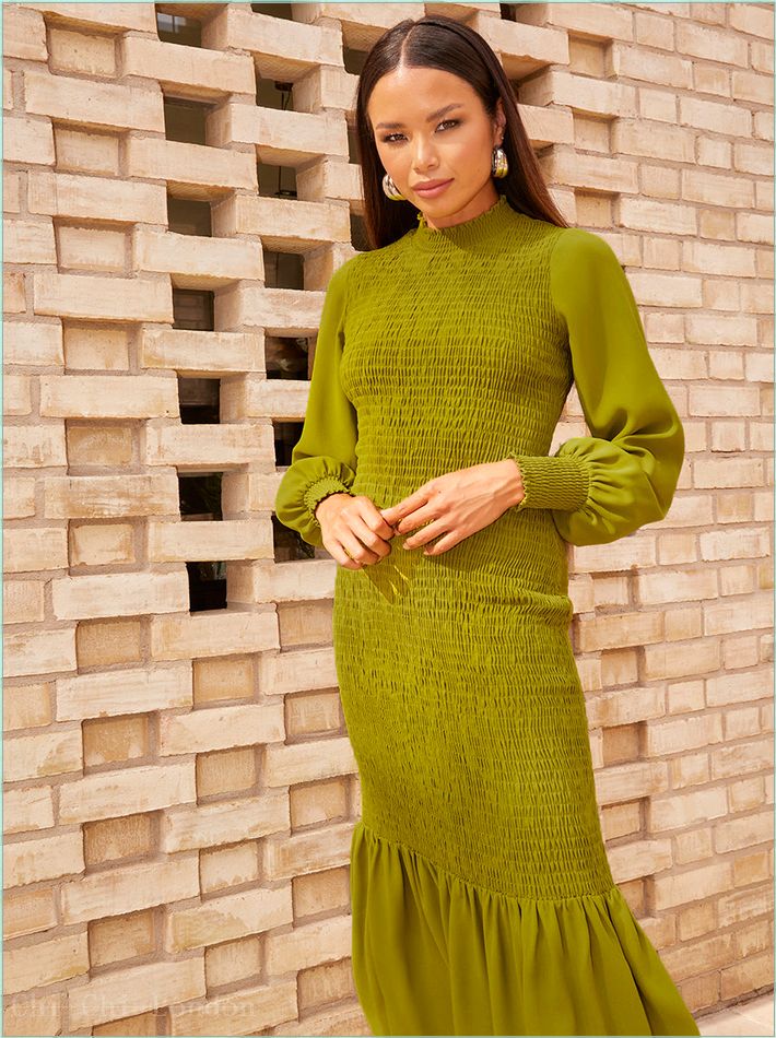  Long Sleeve Shirred Maxi Dress in Green CT1039GN