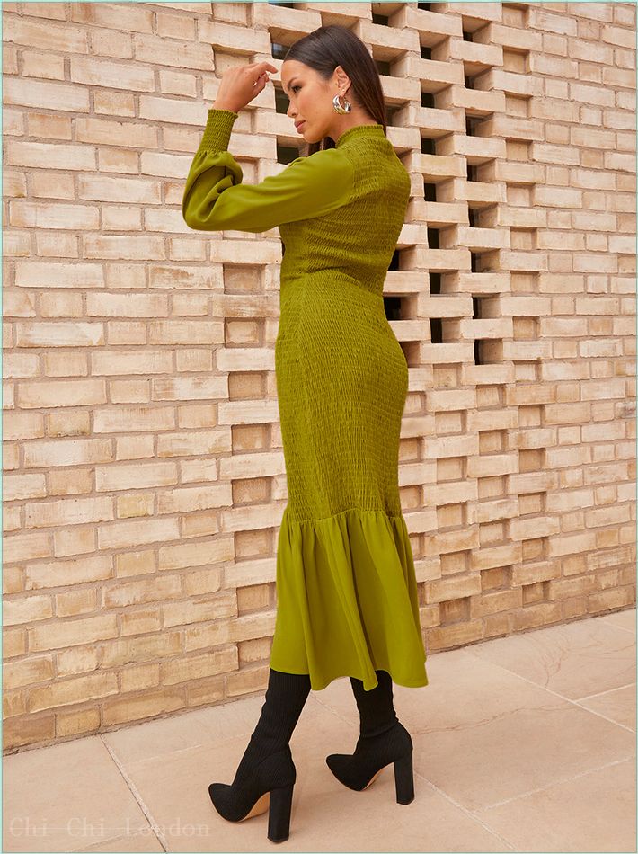  Long Sleeve Shirred Maxi Dress in Green CT1039GN