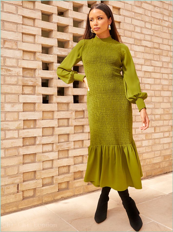  Long Sleeve Shirred Maxi Dress in Green CT1039GN