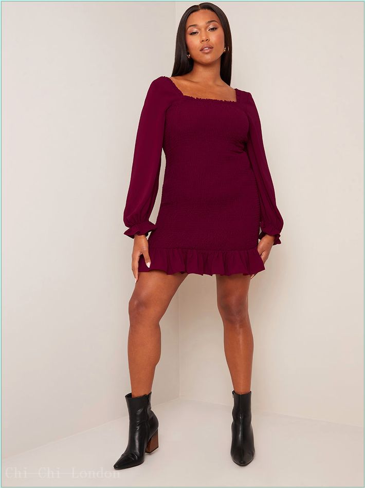  Long Sleeve Shirred Mini Dress in Wine CT1040WI