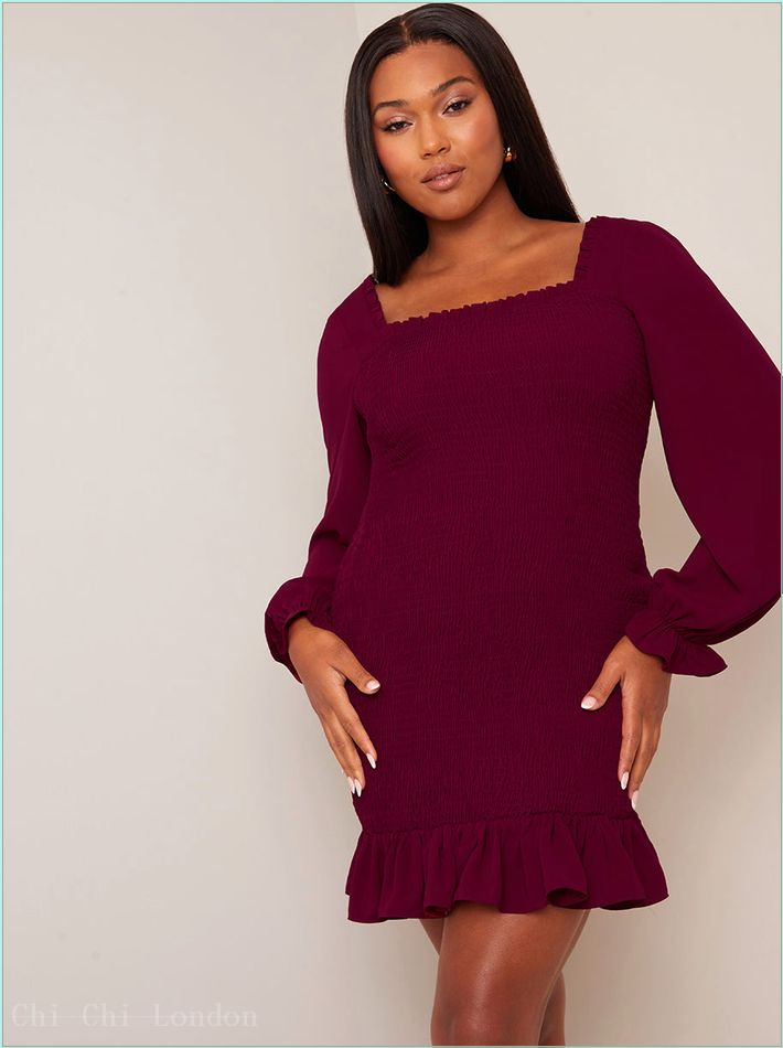  Long Sleeve Shirred Mini Dress in Wine CT1040WI