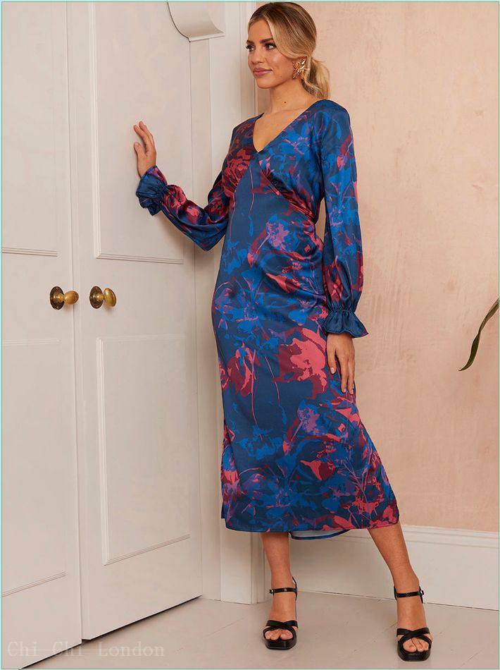  Long Sleeve V Neck Floral Print Dress in Navy FA23105NB