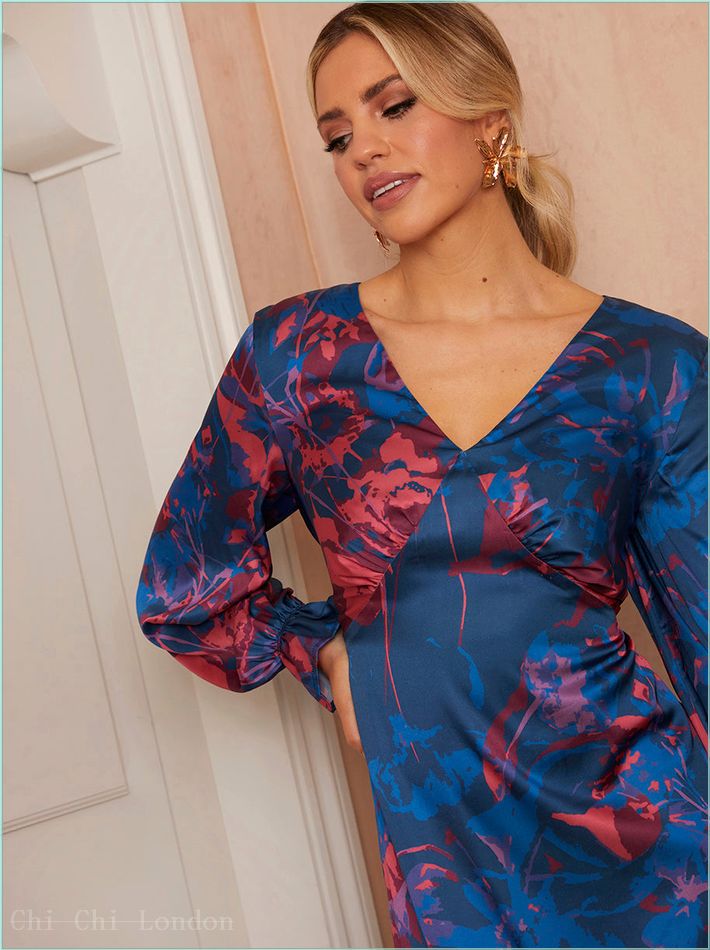  Long Sleeve V Neck Floral Print Dress in Navy FA23105NB