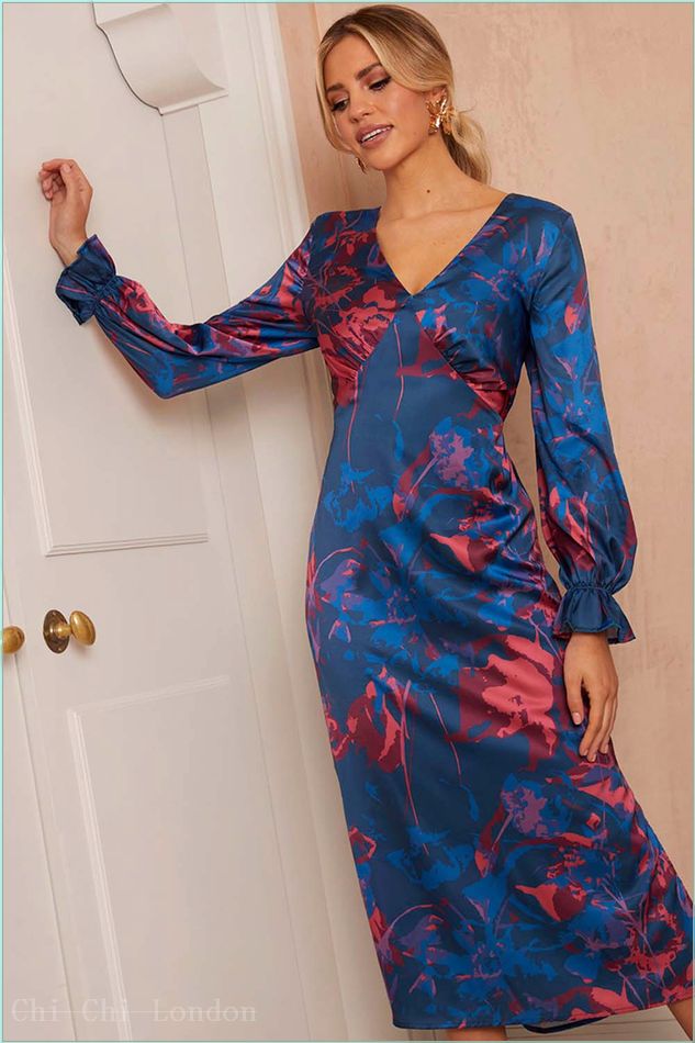  Long Sleeve V Neck Floral Print Dress in Navy FA23105NB