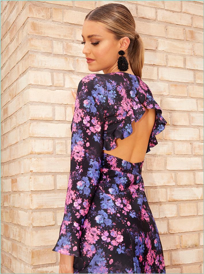  Long Sleeve V Neck Floral Print Midi Dress in Black CT1005BK