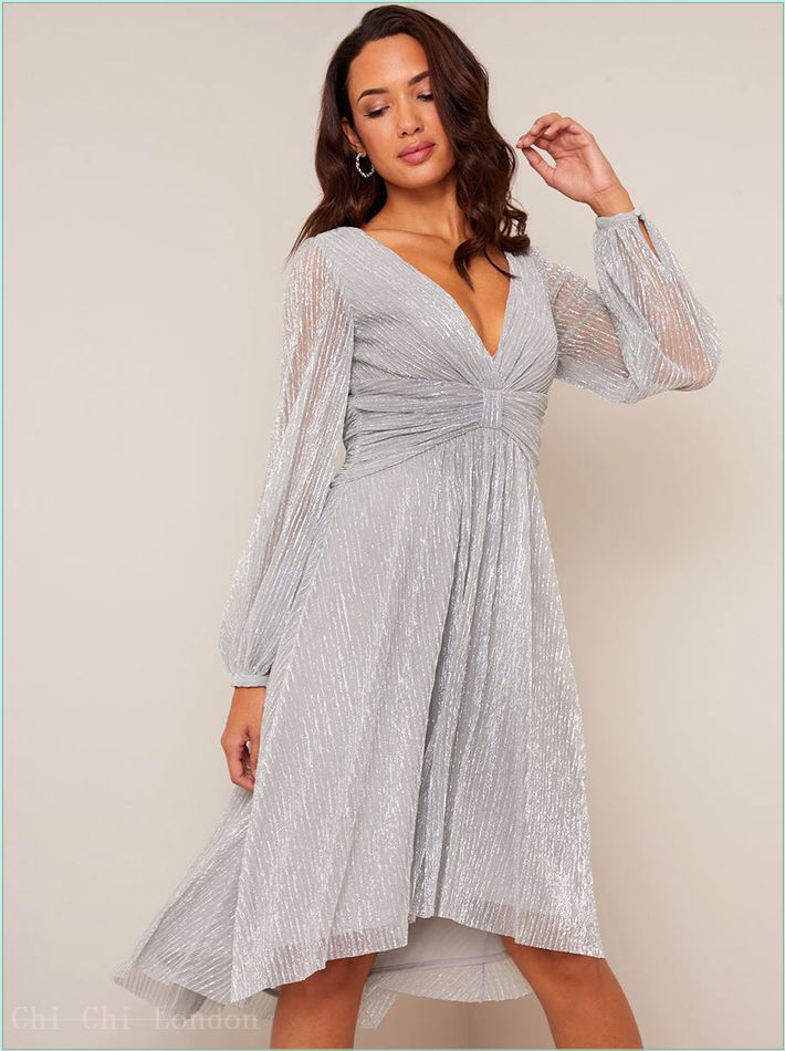  Long Sleeve Wrap Dip Hem Midi Dress in Silver 1759SIL