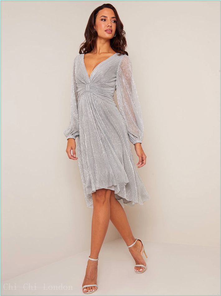  Long Sleeve Wrap Dip Hem Midi Dress in Silver 1759SIL