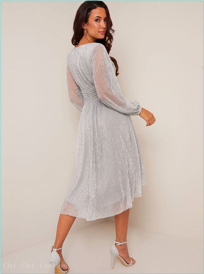  Long Sleeve Wrap Dip Hem Midi Dress in Silver 1759SIL