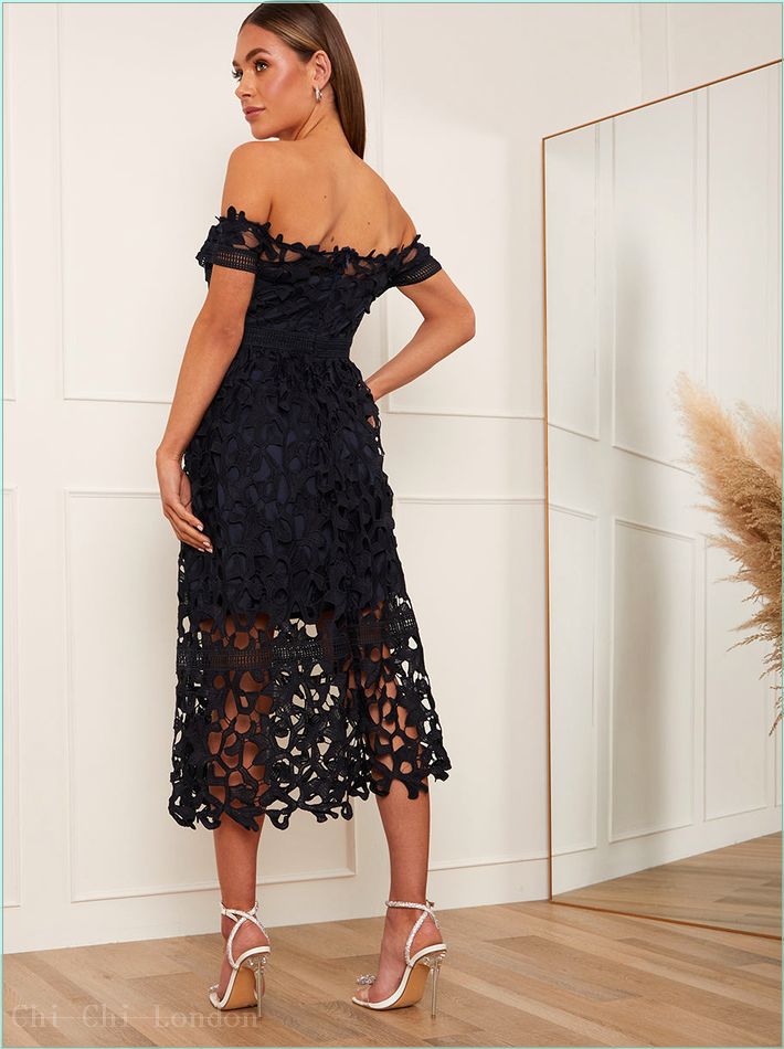  Maternity Bardot Lace Midi Crochet Dress in Navy Blue 52580MNB