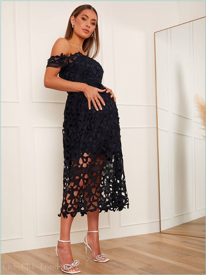  Maternity Bardot Lace Midi Crochet Dress in Navy Blue 52580MNB