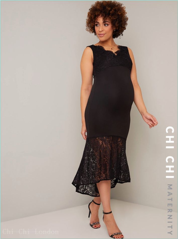  Maternity Lace Overlay Dip Hem Midi Dress in Black 6853MBK