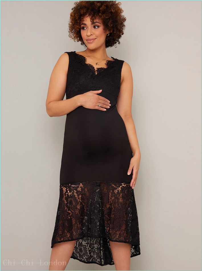  Maternity Lace Overlay Dip Hem Midi Dress in Black 6853MBK