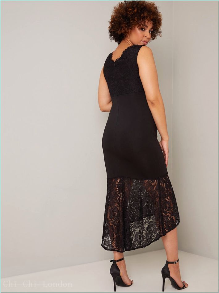  Maternity Lace Overlay Dip Hem Midi Dress in Black 6853MBK