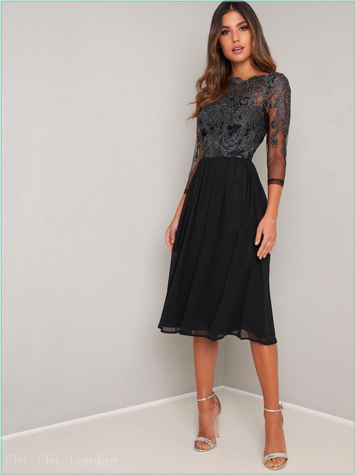  Midi Dress with Baroque Style Lace Design in Black 6533BK