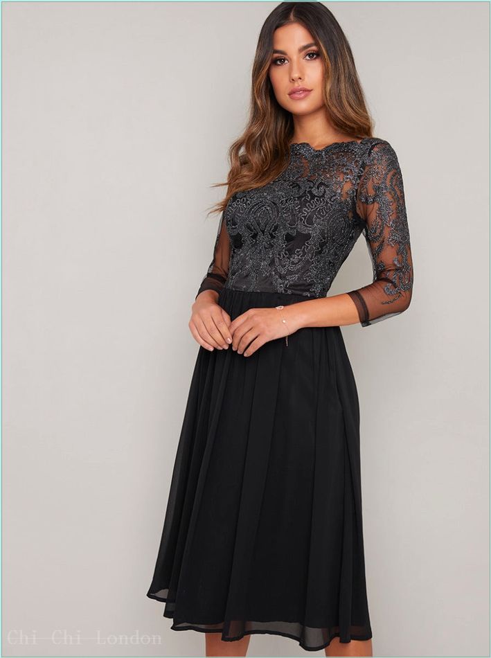  Midi Dress with Baroque Style Lace Design in Black 6533BK