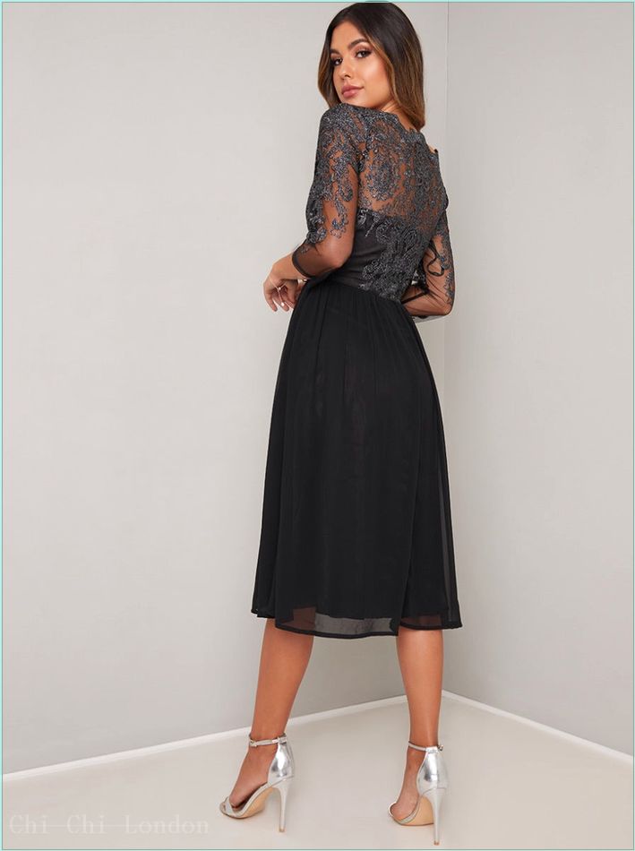  Midi Dress with Baroque Style Lace Design in Black 6533BK