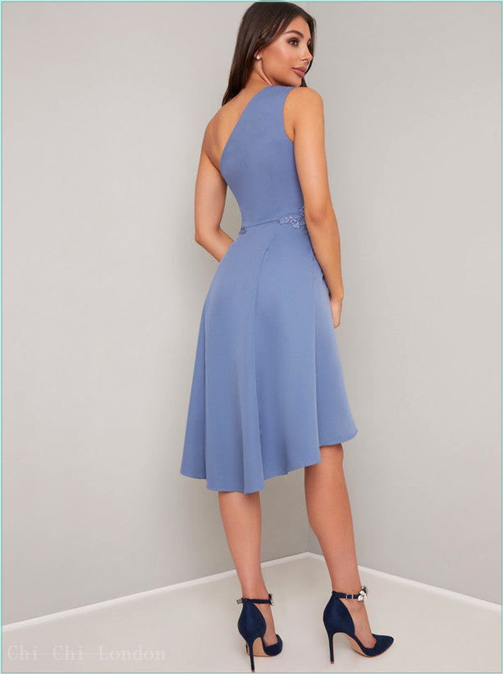  One Should Embroidered Dip Hem Midi Dress in Blue 70590BL