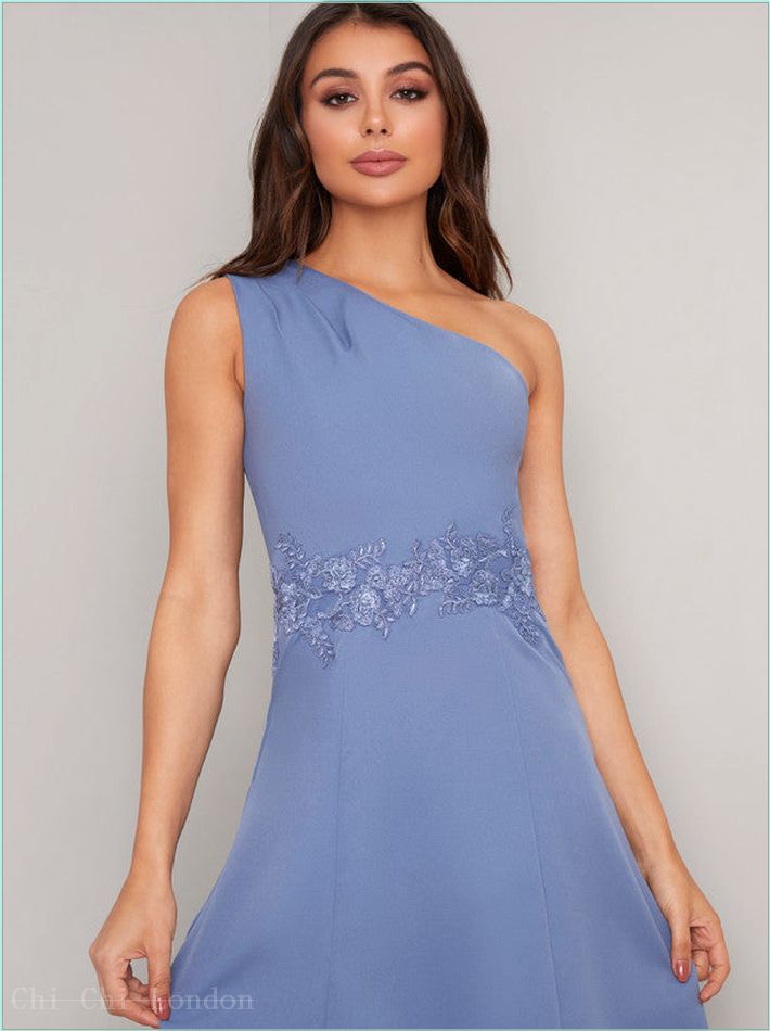  One Should Embroidered Dip Hem Midi Dress in Blue 70590BL