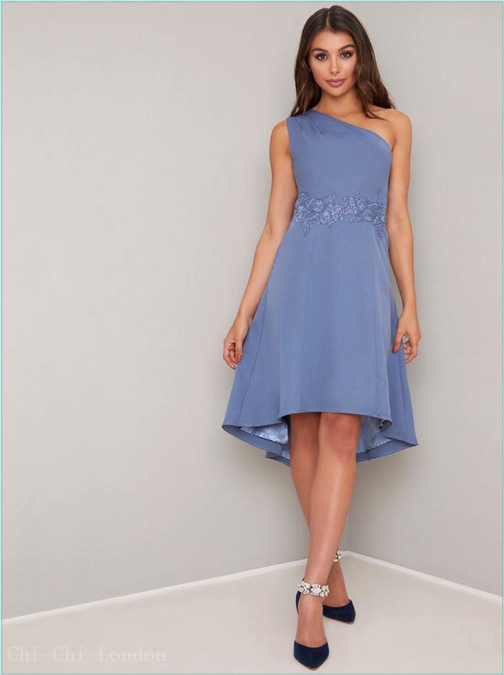  One Should Embroidered Dip Hem Midi Dress in Blue 70590BL