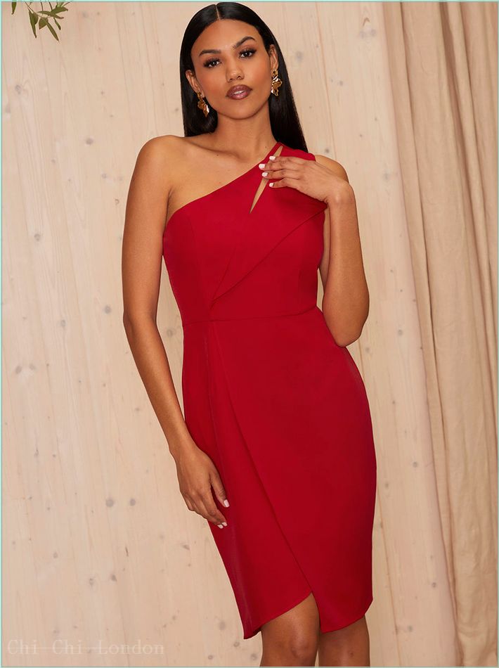  One Shoulder Cut Out Mini Dress in Red EM1897RE