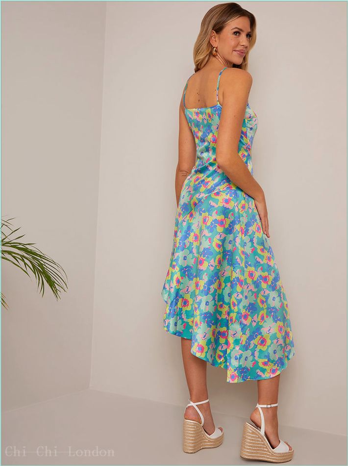  One-Shoulder Floral Asymmetric Hem Midi Dress in Green KH311GN