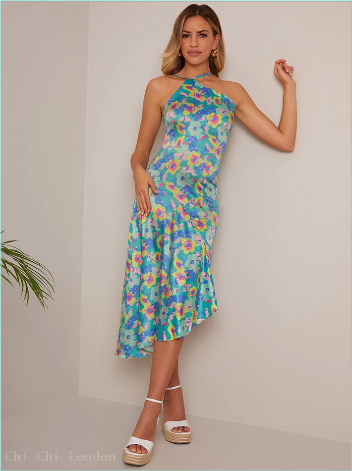  One-Shoulder Floral Asymmetric Hem Midi Dress in Green KH311GN