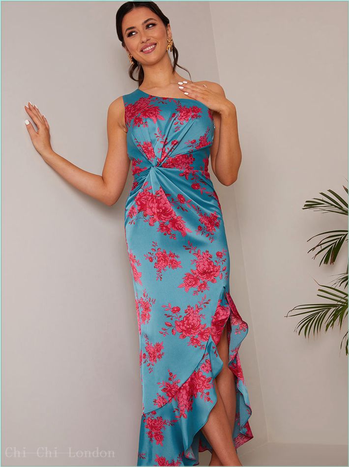  One Shoulder Floral Printed Midi Dress in Blue 71262TL