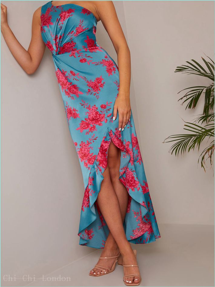  One Shoulder Floral Printed Midi Dress in Blue 71262TL