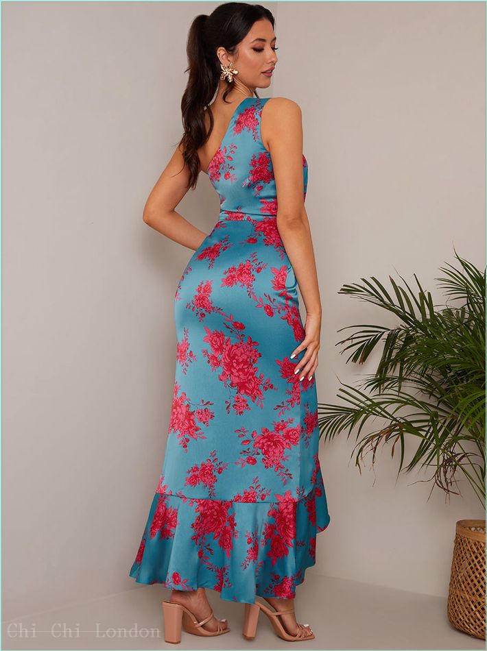  One Shoulder Floral Printed Midi Dress in Blue 71262TL