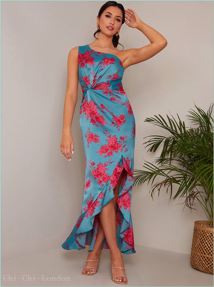  One Shoulder Floral Printed Midi Dress in Blue 71262TL