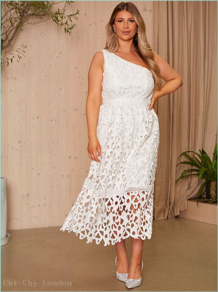  One Shoulder Premium Lace Midi Dress in White MO0008WH