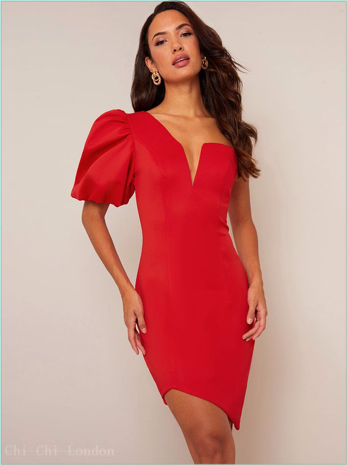  One Shoulder Puff Sleeve Bodycon Dress in Red 92030RE