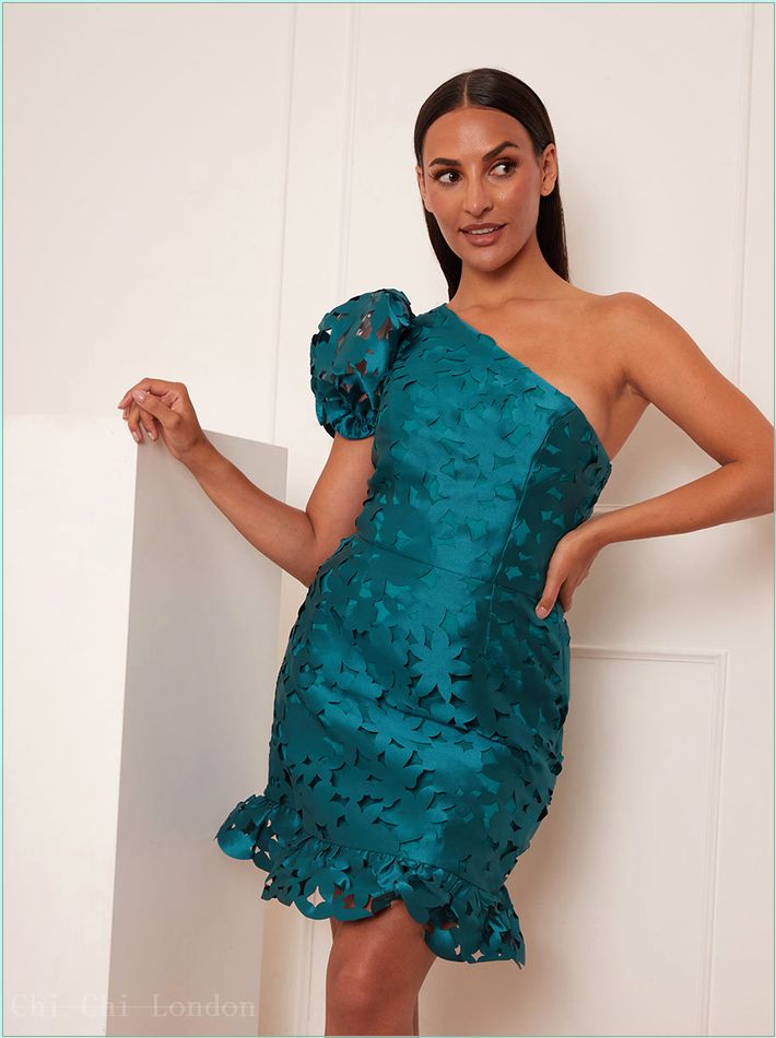  One-Shoulder Puff Sleeve Crochet Mini Dress in Teal 81036GN