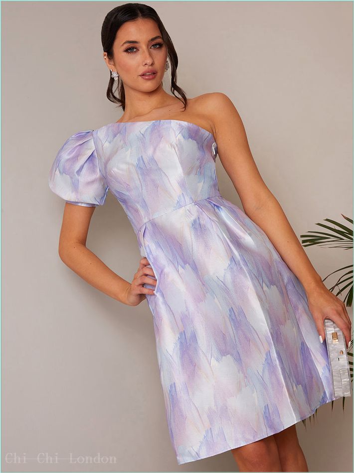  One-Shoulder Puff Sleeve Watercolour Print Dress in Lilac 71298MU