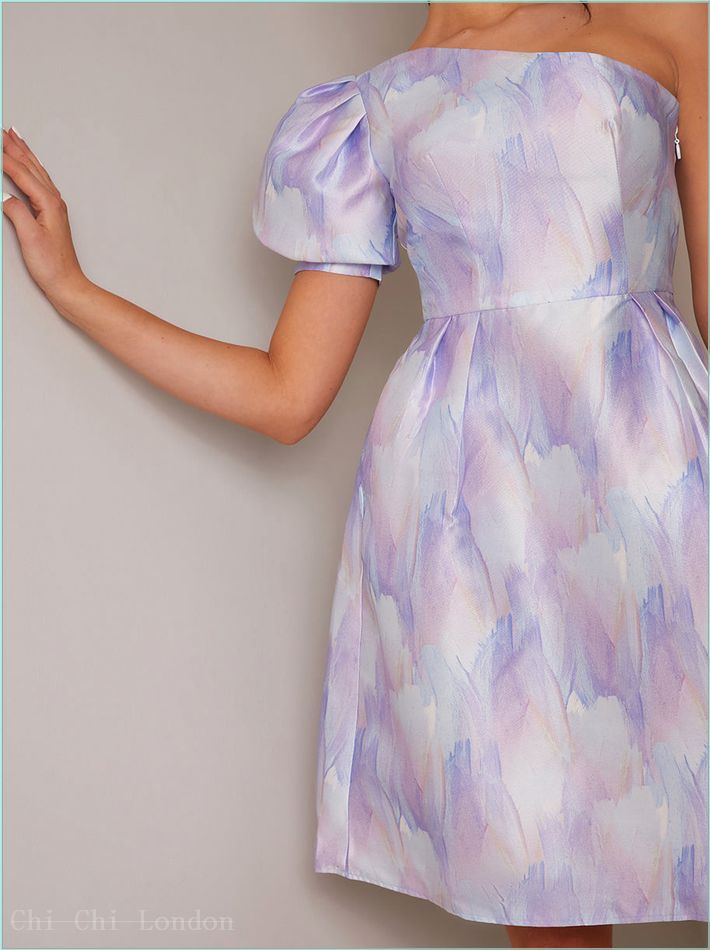  One-Shoulder Puff Sleeve Watercolour Print Dress in Lilac 71298MU