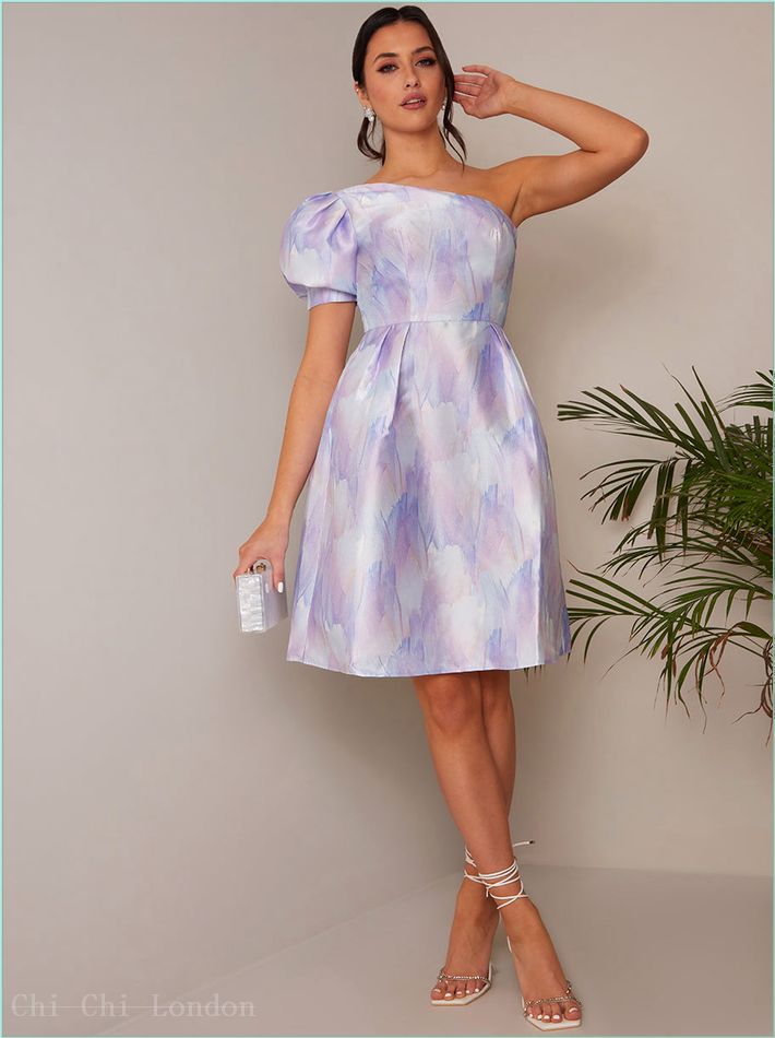  One-Shoulder Puff Sleeve Watercolour Print Dress in Lilac 71298MU