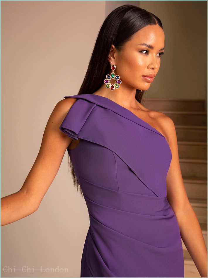  One Shoulder Wrap Detail Midi Dress in Purple 1876PUR