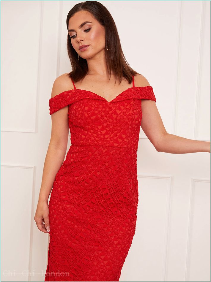  Petite Bardot Premium Lace Midi Dress in Red 71360PRE