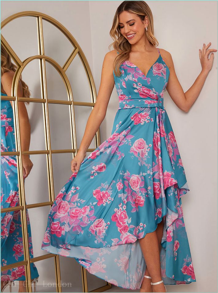  Petite Cami Floral Print Wrap Midi Dress in Blue 80727PFGN