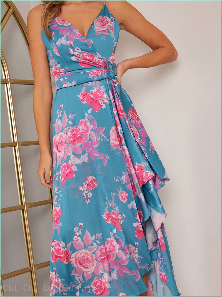  Petite Cami Floral Print Wrap Midi Dress in Blue 80727PFGN