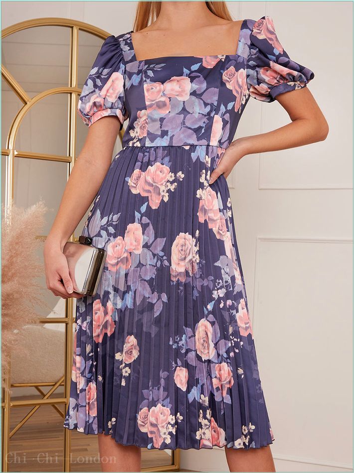  Petite Floral Print Pleated Midi Skater Dress in Navy 20296PNB