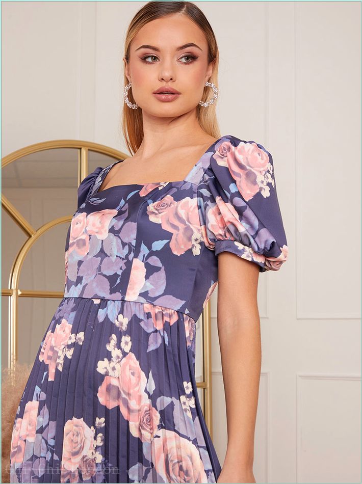  Petite Floral Print Pleated Midi Skater Dress in Navy 20296PNB