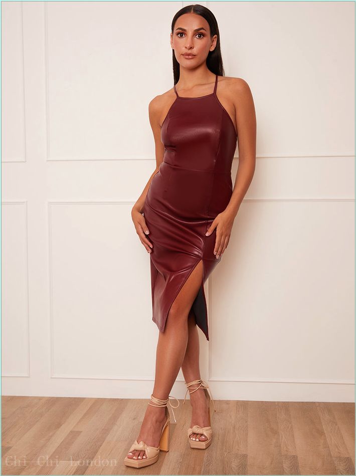  Petite Halter Neck Bodycon Faux Leather Midi Dress in Wine EM5017PWI