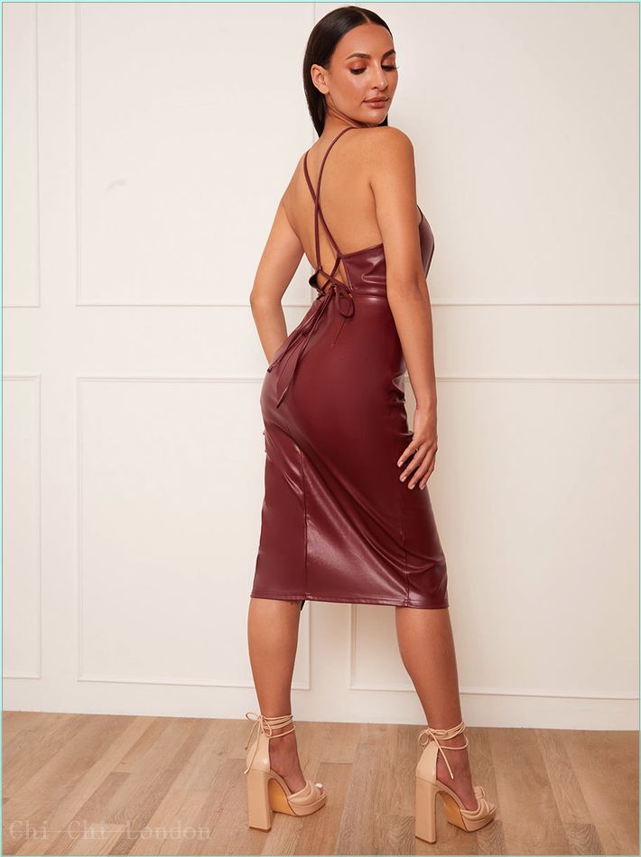  Petite Halter Neck Bodycon Faux Leather Midi Dress in Wine EM5017PWI