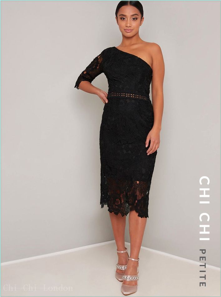  Petite Lace Bodycon One Shoulder Midi Dress in Black 1249PBLK