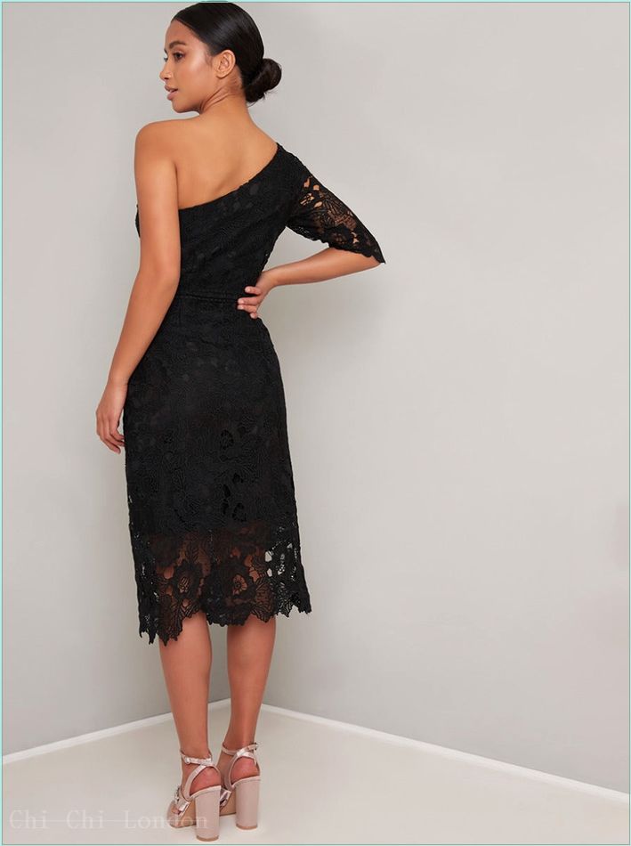  Petite Lace Bodycon One Shoulder Midi Dress in Black 1249PBLK