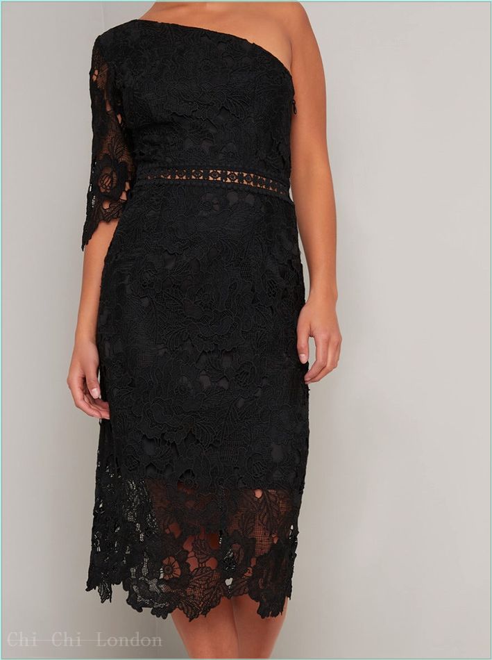  Petite Lace Bodycon One Shoulder Midi Dress in Black 1249PBLK