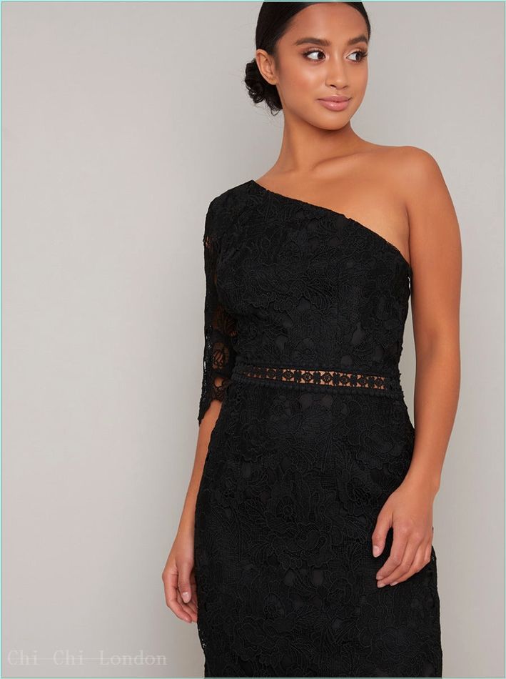  Petite Lace Bodycon One Shoulder Midi Dress in Black 1249PBLK